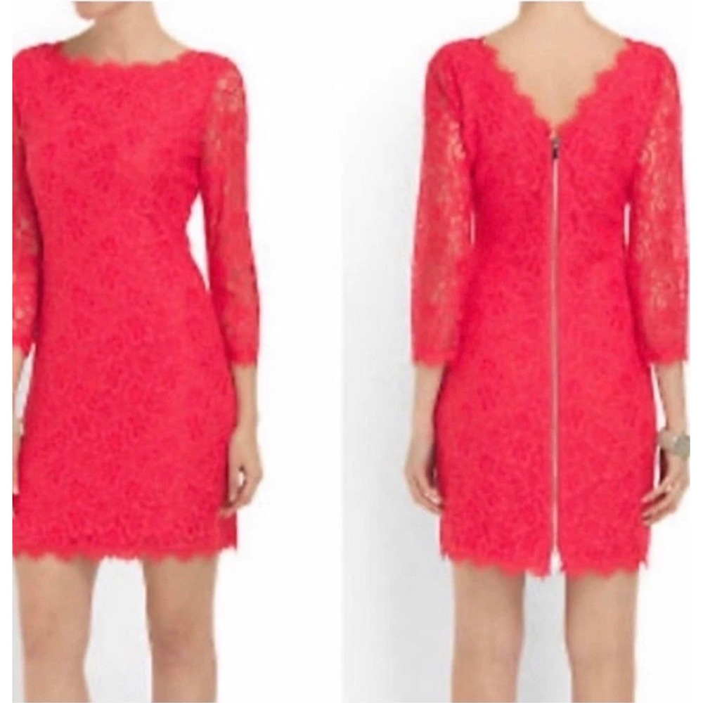 Diane von Furstenberg Zarita Lace Dress Coral Pink 8 Mini Sheath Exposed Zip